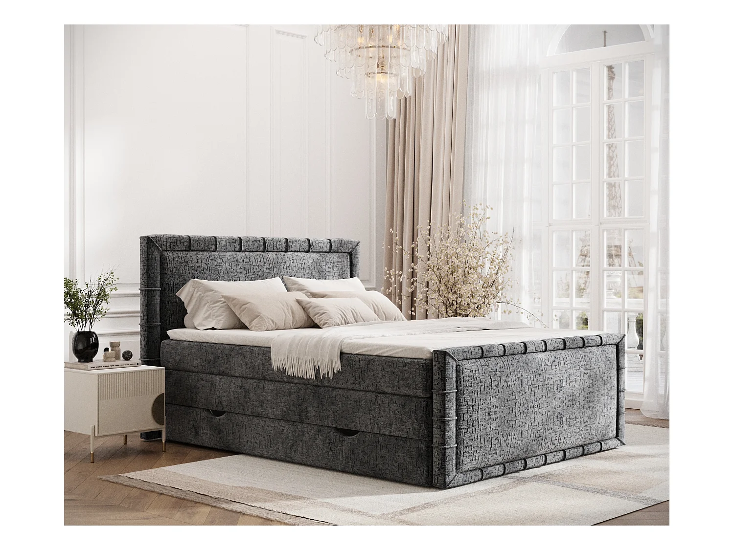 Lit boxspring en tissu chenille Estelle - matelas - surmatelas - 160x200 cm - anthracite
