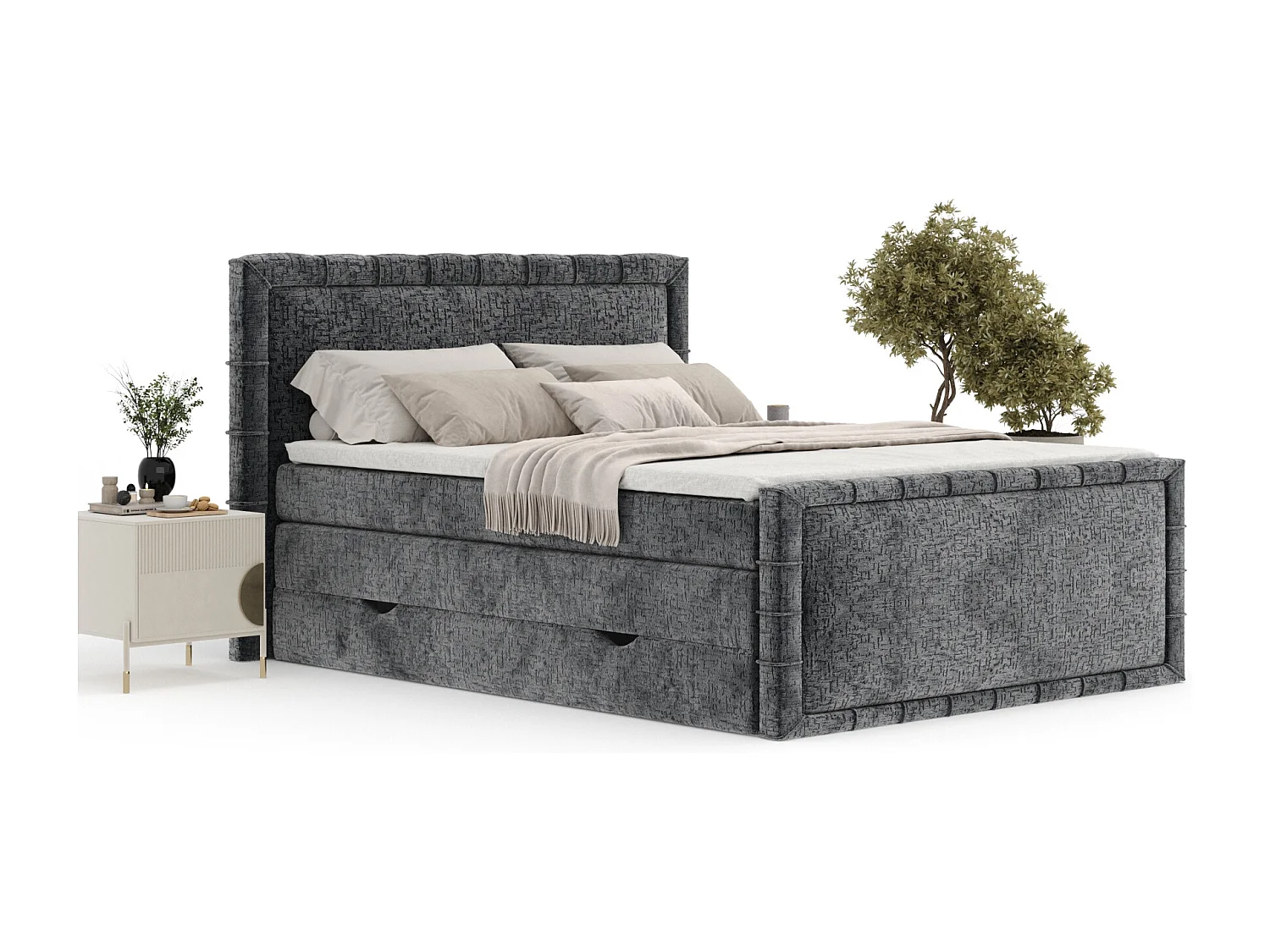 Boxspringbett im Chenille-Stoff Estelle - Matratze - Topper - 160x200 cm - anthrazit