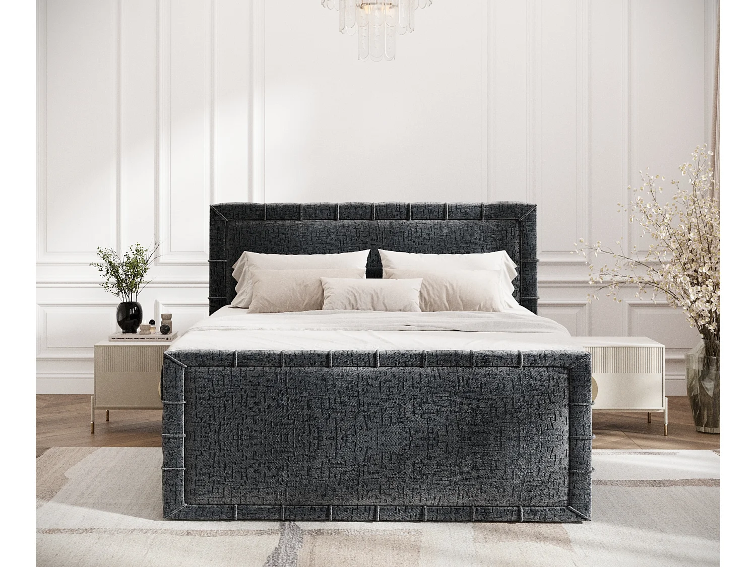 Boxspringbett im Chenille-Stoff Estelle - Matratze - Topper - 160x200 cm - anthrazit