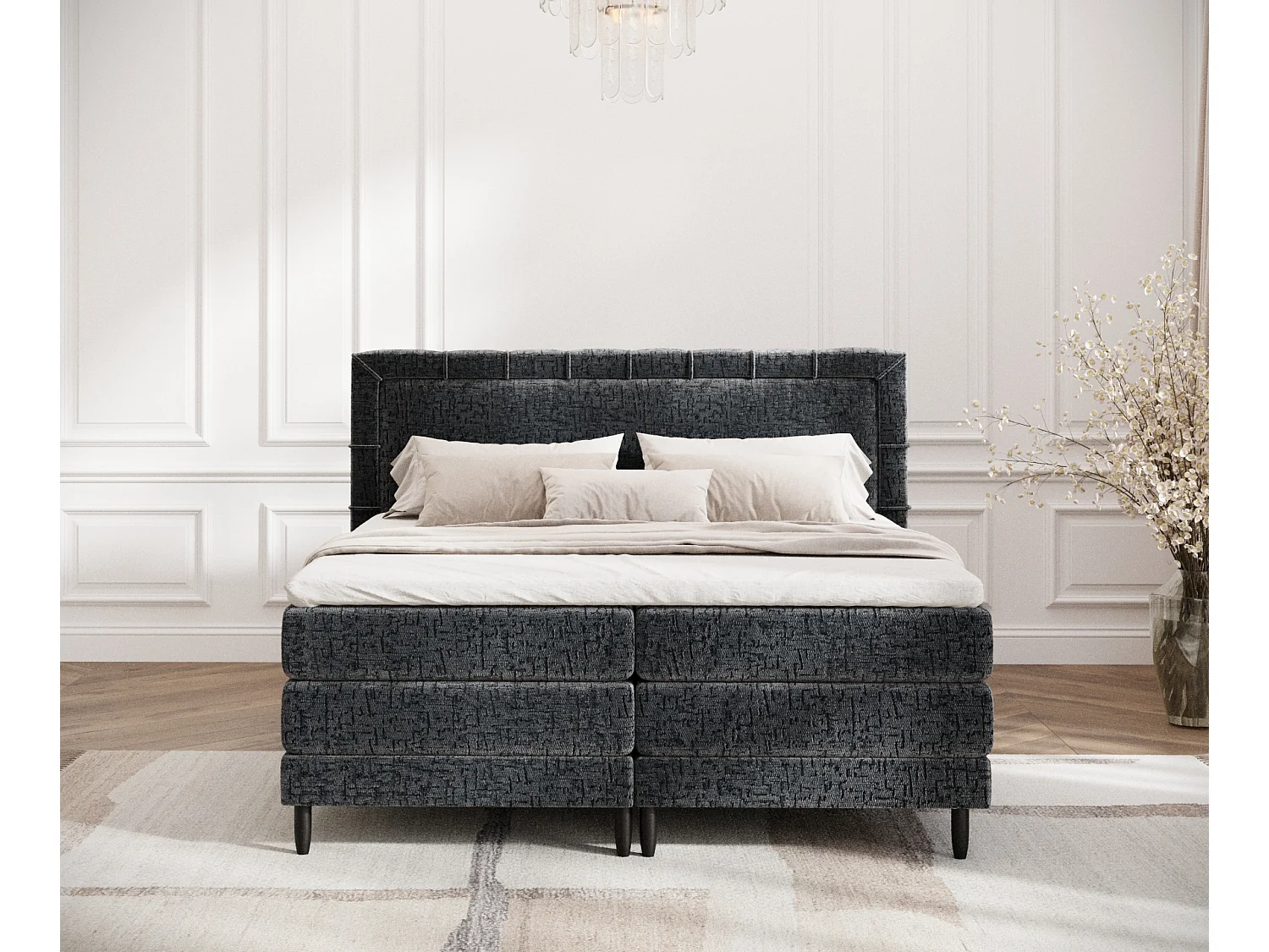 Lit boxspring en tissu chenille Rimini - matelas - surmatelas - 180x200 cm - anthracite