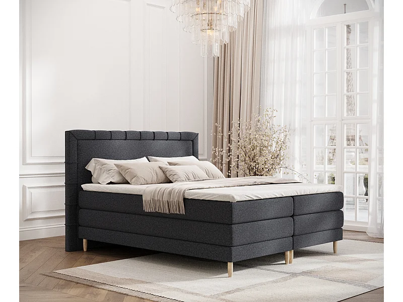 Łóżko boxspring w tkaninie plecionej Rimini - materac - topper - 200x200 cm - czarny