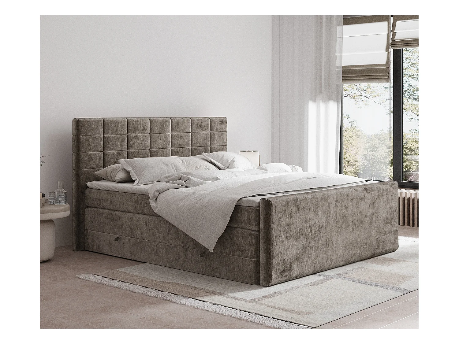 Lit boxspring en tissu chenille Ava - matelas - surmatelas - 200x200 cm - brun