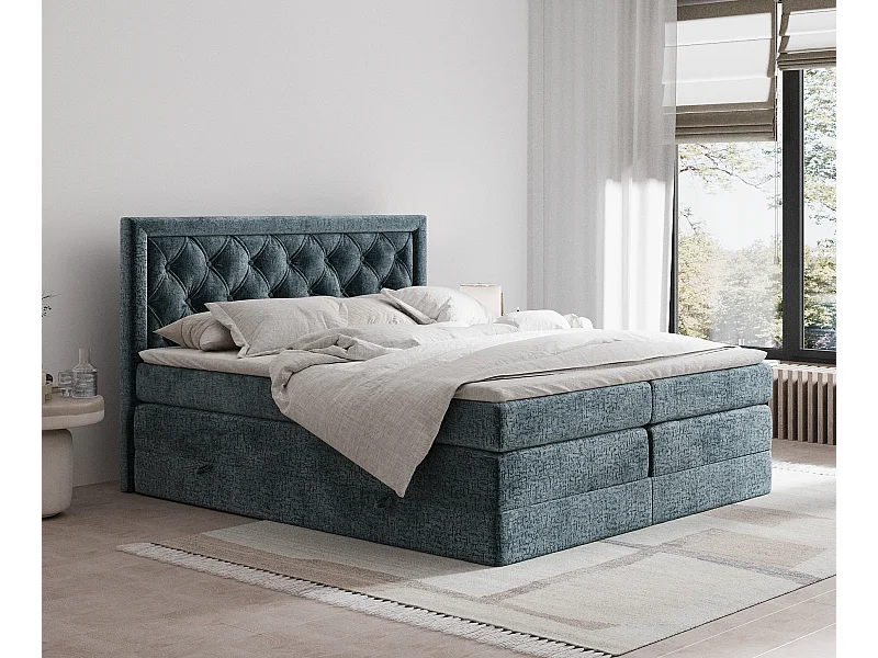 Boxspringbett aus Chenille-Stoff Aurelia - Matratze - Toppermatratze - 140x200 cm - blau