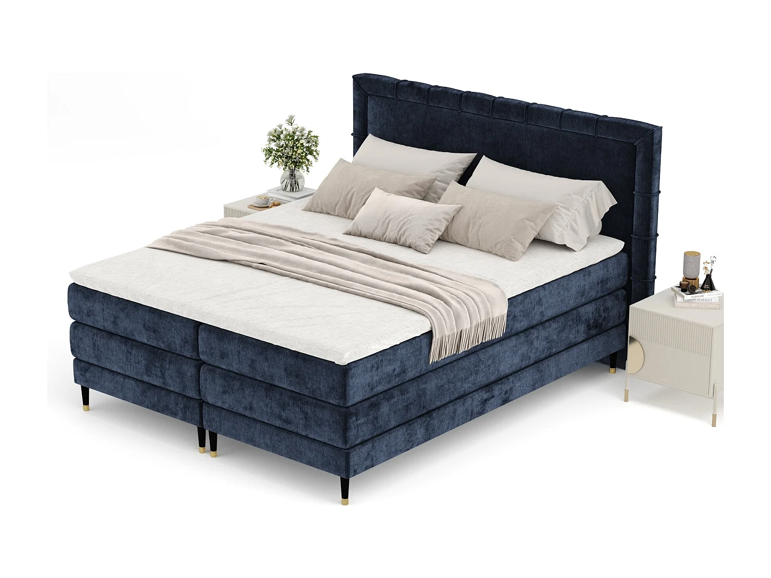 Lit boxspring en tissu chenille Rimini - matelas - surmatelas - 180x200 cm - bleu marine