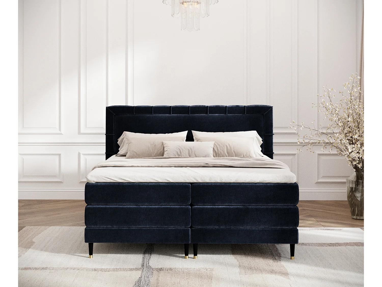 Lit boxspring en tissu chenille Rimini - matelas - surmatelas - 180x200 cm - bleu marine