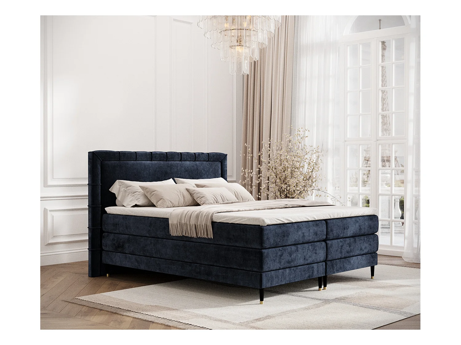 Lit boxspring en tissu chenille Rimini - matelas - surmatelas - 180x200 cm - bleu marine