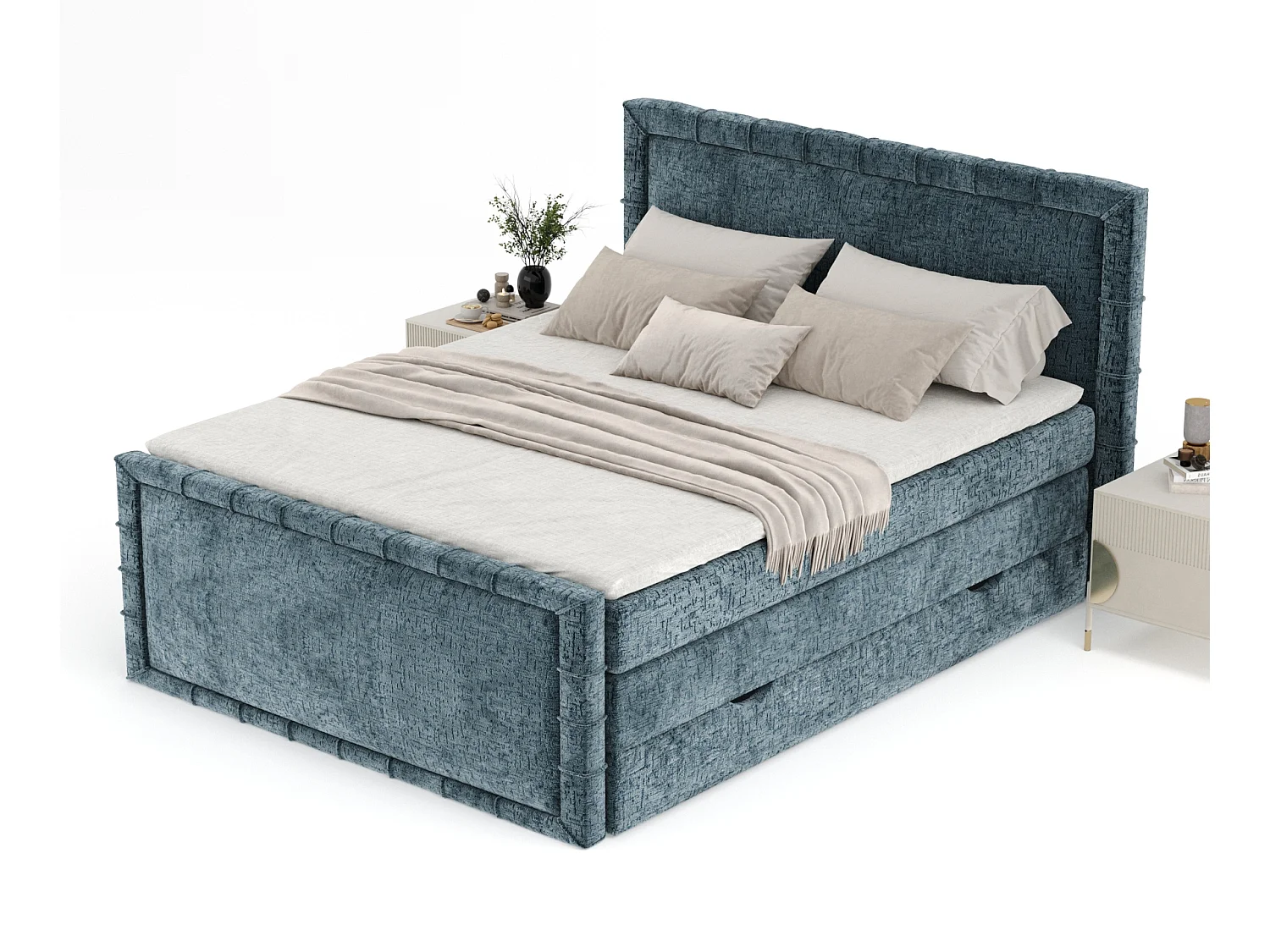 Lit boxspring en tissu chenille Estelle - matelas - surmatelas - 140x200 cm - bleu