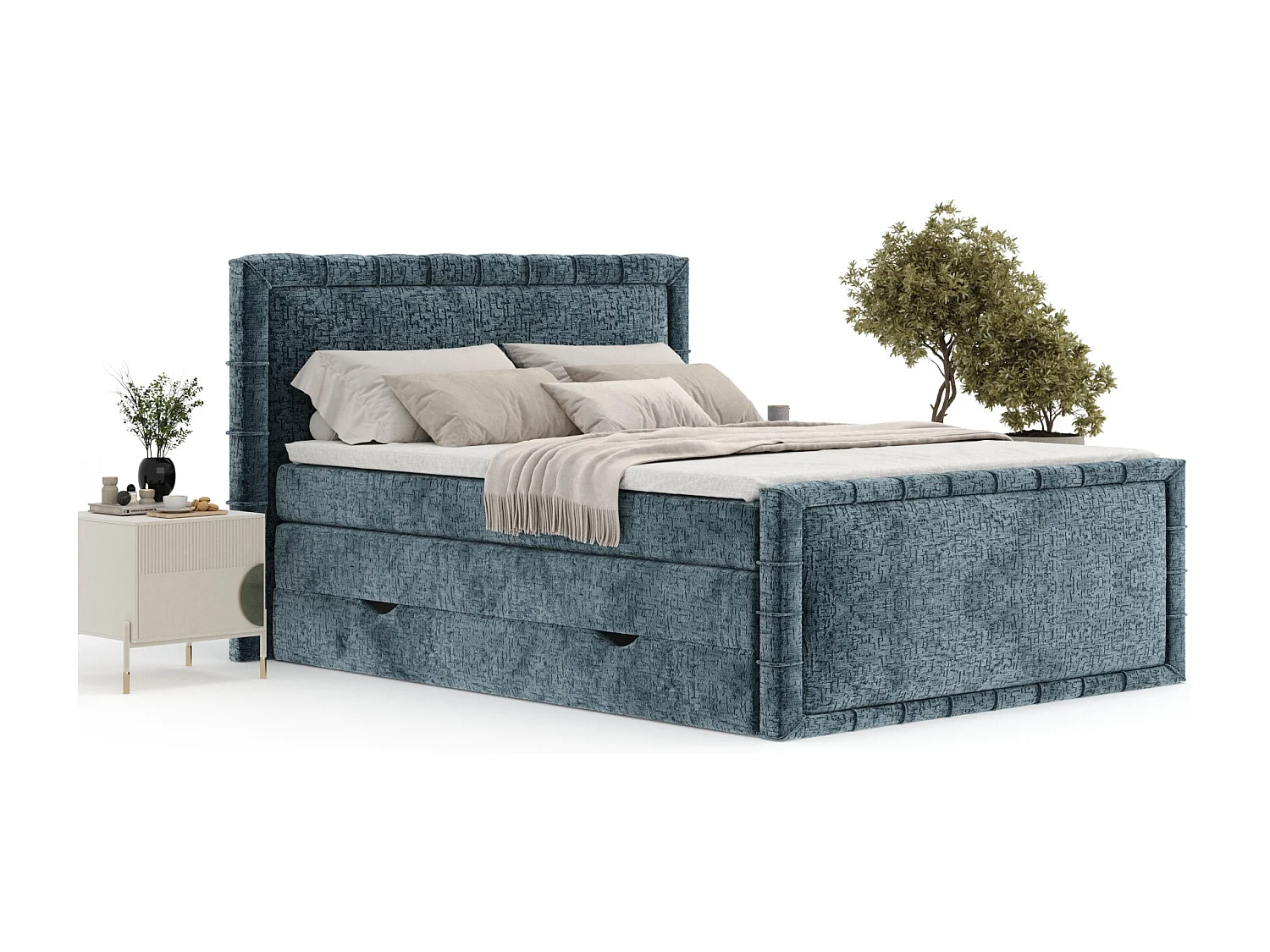 Boxspringbett im Chenille-Stoff Estelle - Matratze - Topper - 140x200 cm - blau