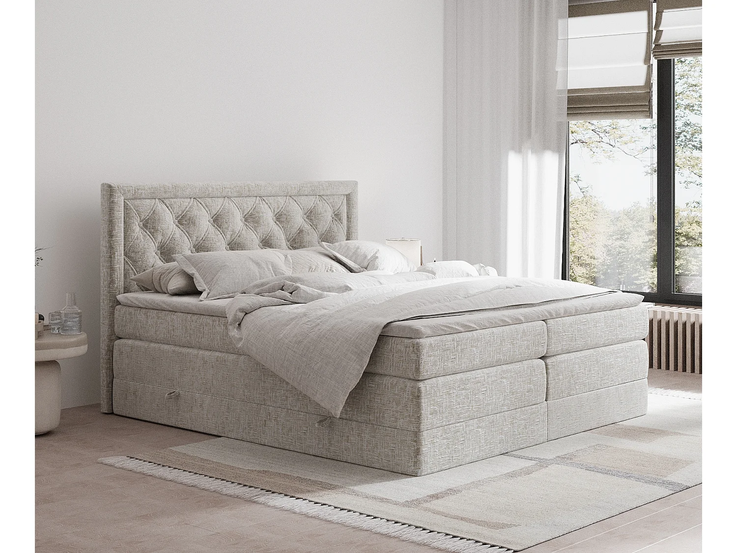 Boxspringbett aus Chenille-Stoff Aurelia - Matratze - Toppermatratze - 160x200 cm - beige