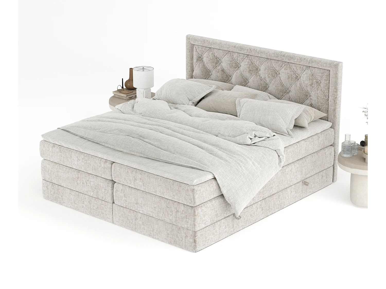 Boxspringbett aus Chenille-Stoff Aurelia - Matratze - Toppermatratze - 160x200 cm - beige