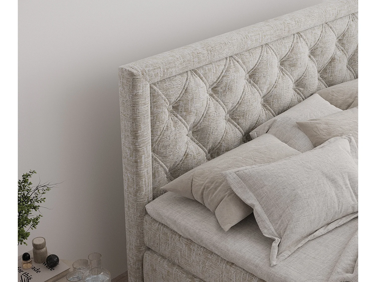 Boxspringbett aus Chenille-Stoff Aurelia - Matratze - Toppermatratze - 160x200 cm - beige