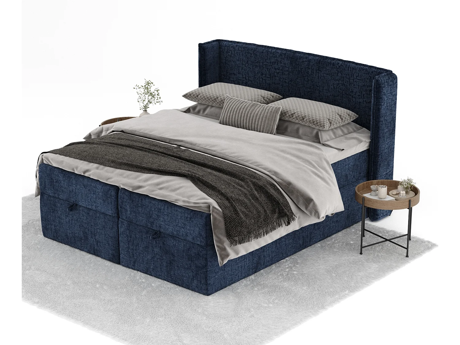 Boxspringbett aus Chenille-Stoff Passion - Matratze - Toppermatratze - 140x200 cm - marineblau