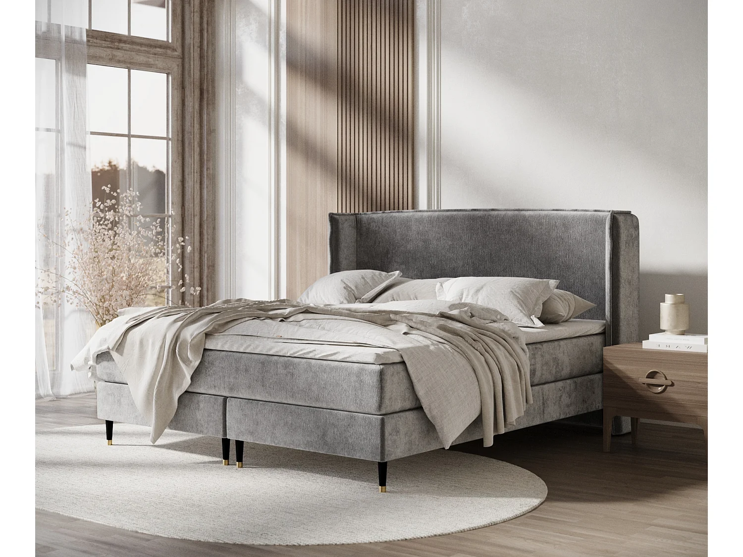 Boxspringbett aus Chenille-Stoff Ardis - Matratze - Toppermatratze - 200x200 cm - grau