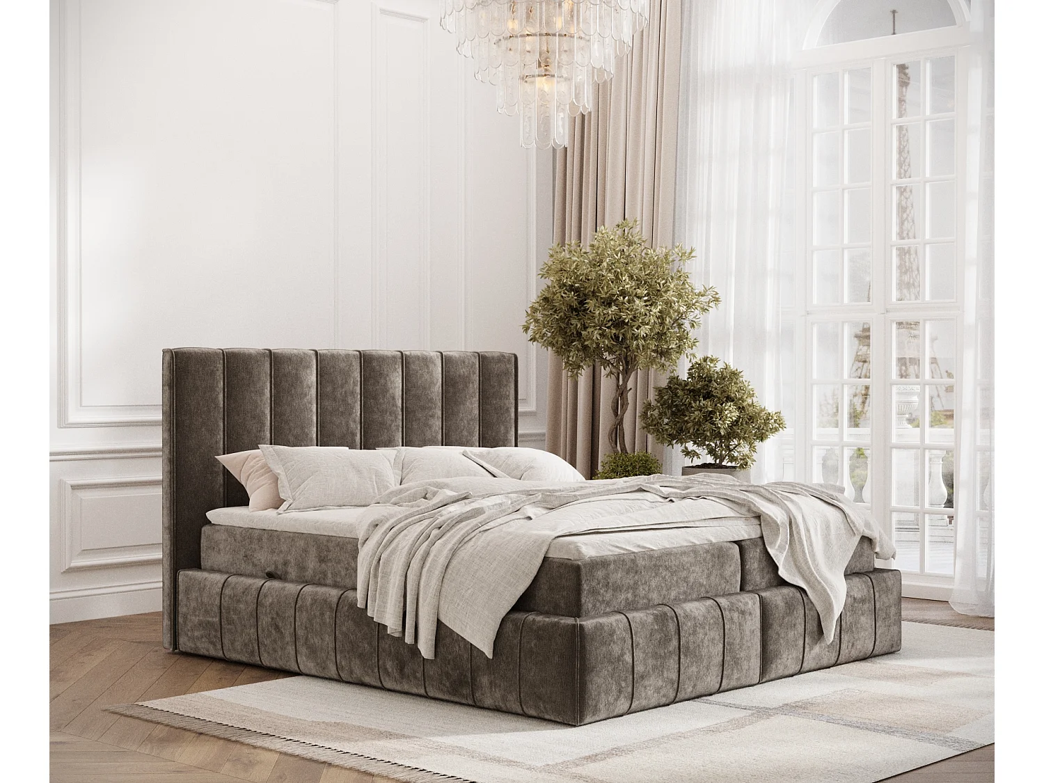 Boxspringbett aus Chenille-Stoff Moretti - Matratze - Toppermatratze - 180x200 cm - braun