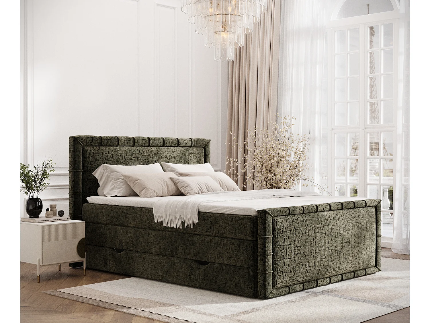 Boxspringbett im Chenille-Stoff Estelle - Matratze - Topper - 180x200 cm - olivenfarben