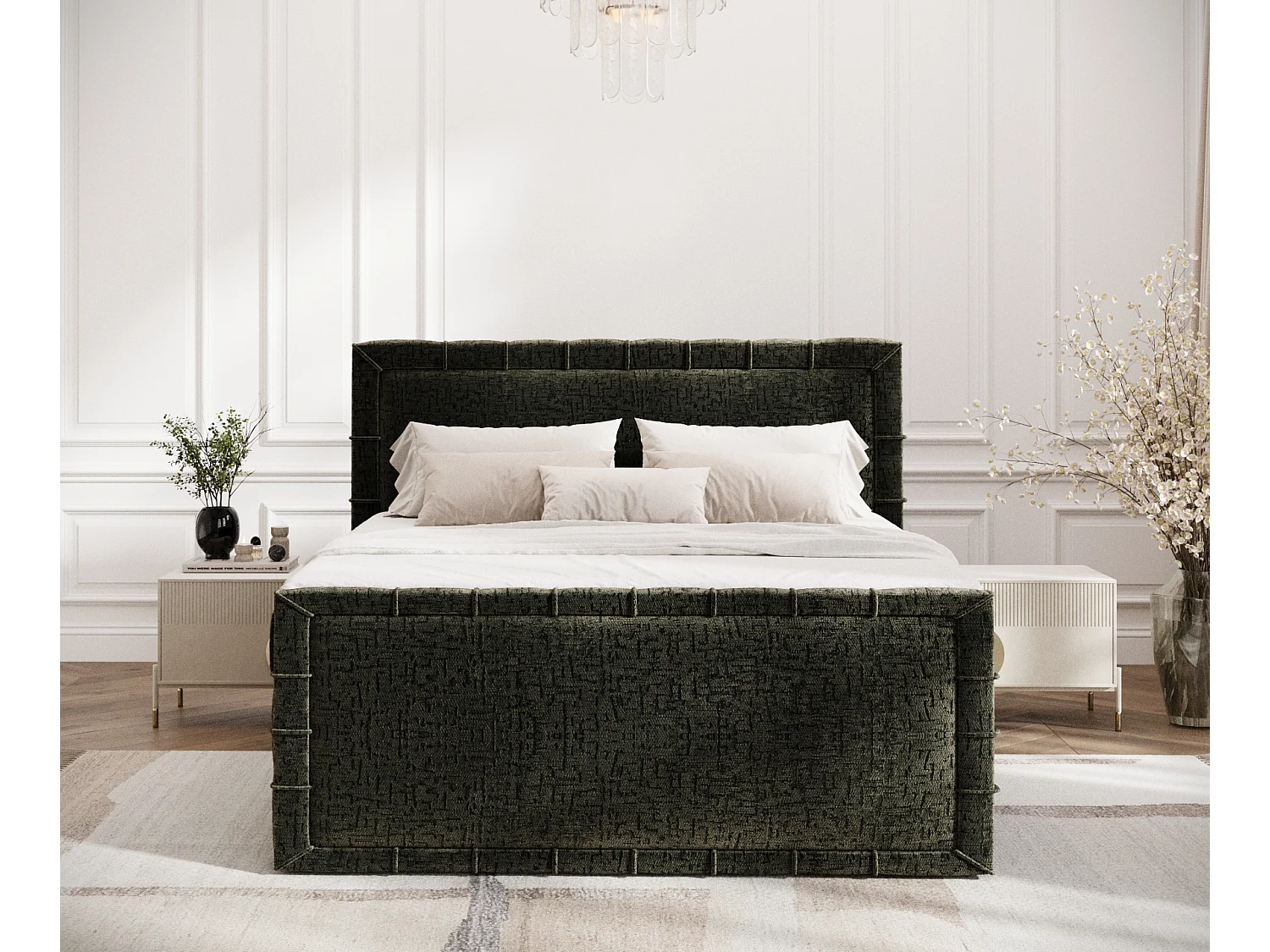 Boxspringbett im Chenille-Stoff Estelle - Matratze - Topper - 180x200 cm - olivenfarben