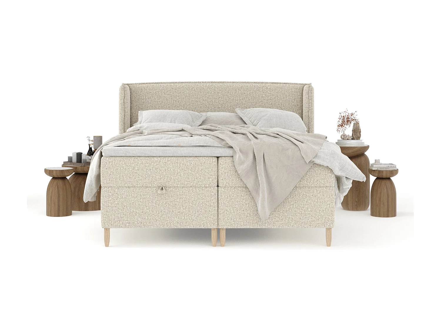 Boxspringbett aus Boucle-Stoff Monpelli - Matratze - Toppermatratze - 200x200 cm - beige