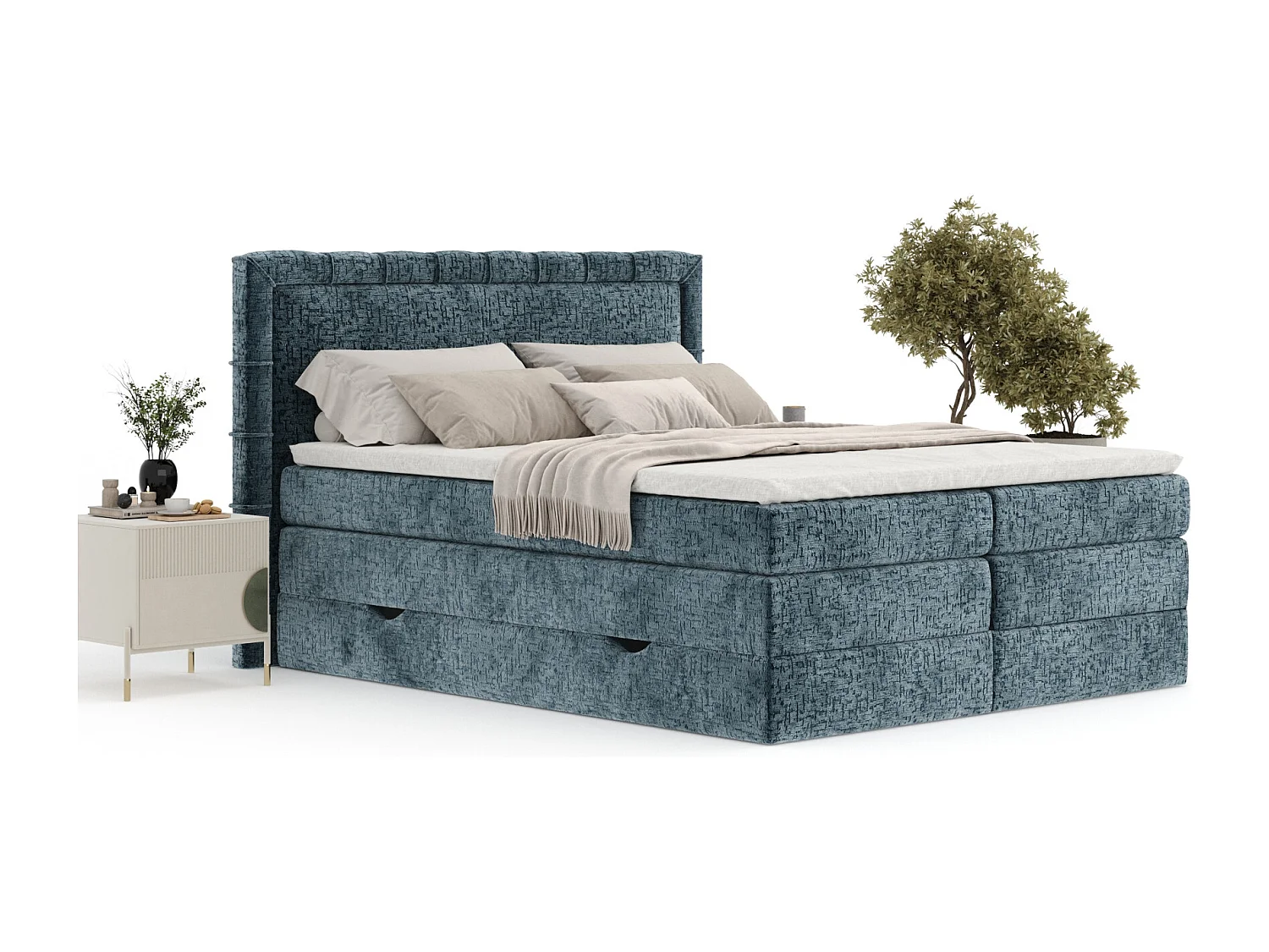 Boxspringbett aus Chenille-Stoff Rosabel - Matratze - Toppermatratze - 160x200 cm - blau