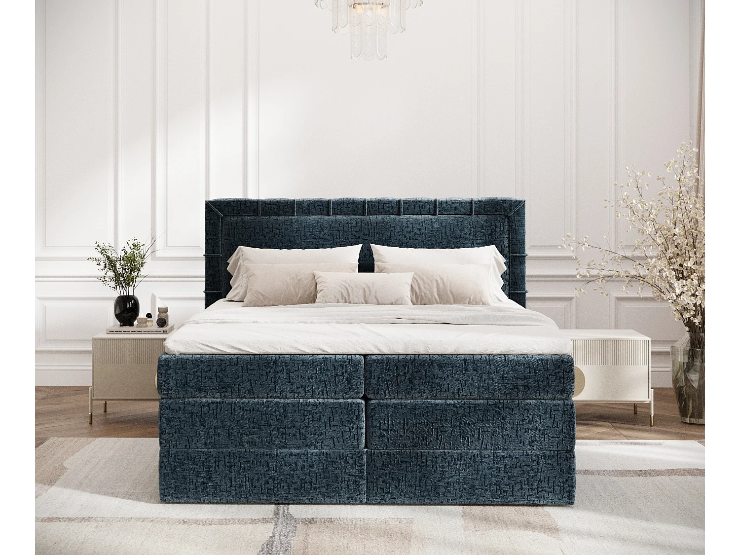 Boxspringbett aus Chenille-Stoff Rosabel - Matratze - Toppermatratze - 160x200 cm - blau