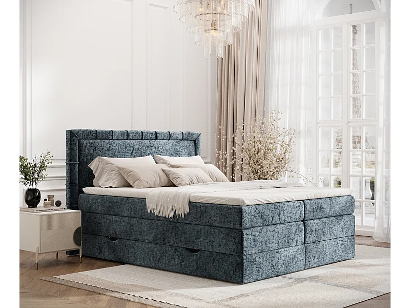 Boxspringbett aus Chenille-Stoff Rosabel - Matratze - Toppermatratze - 160x200 cm - blau