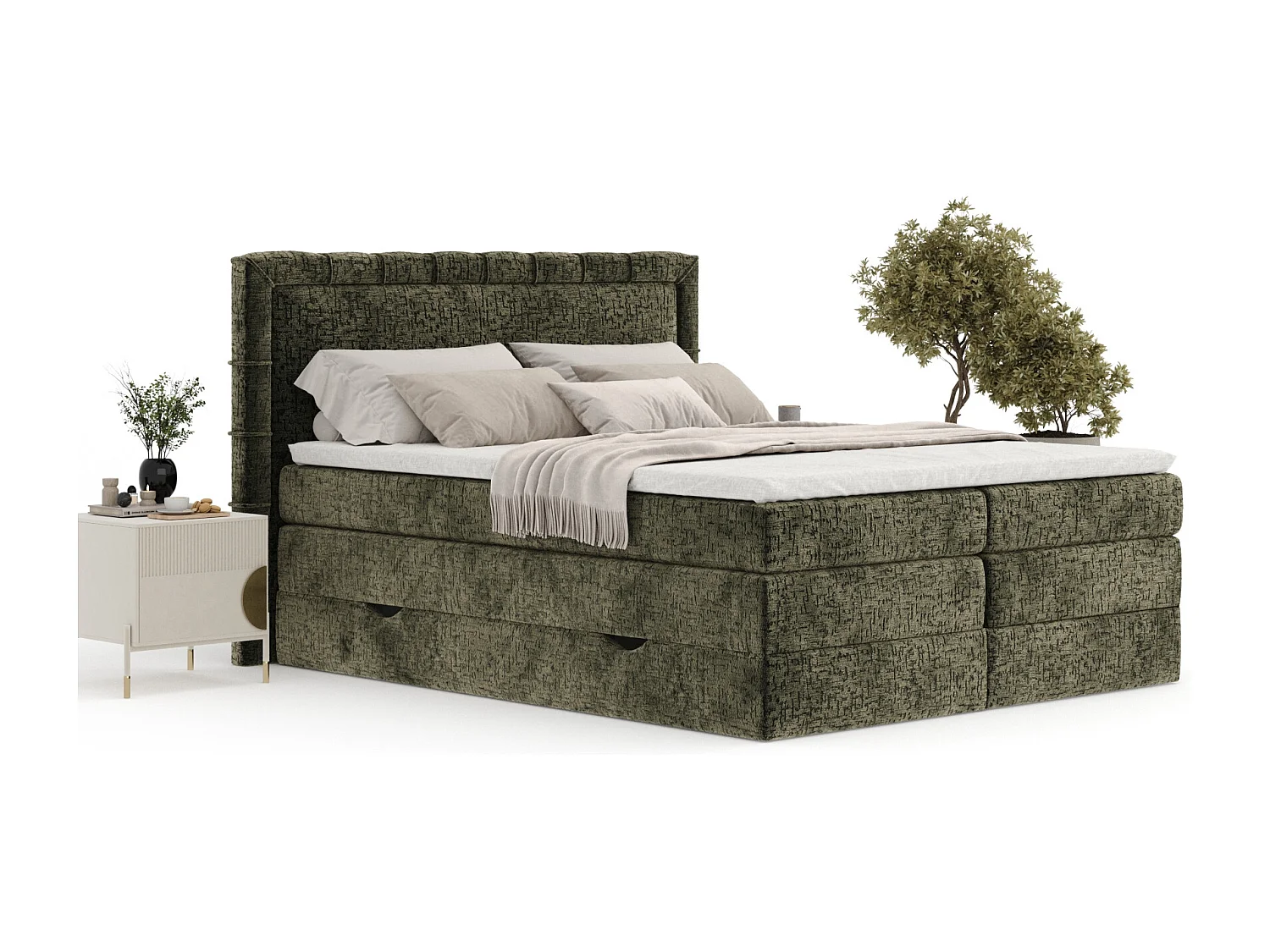 Lit boxspring en tissu chenille Rosabel - matelas - surmatelas - 200x200 cm - vert olive