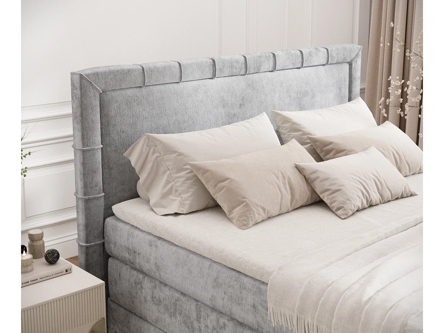 Boxspringbett aus Chenille-Stoff Rosabel - Matratze - Toppermatratze - 200x200 cm - hellgrau