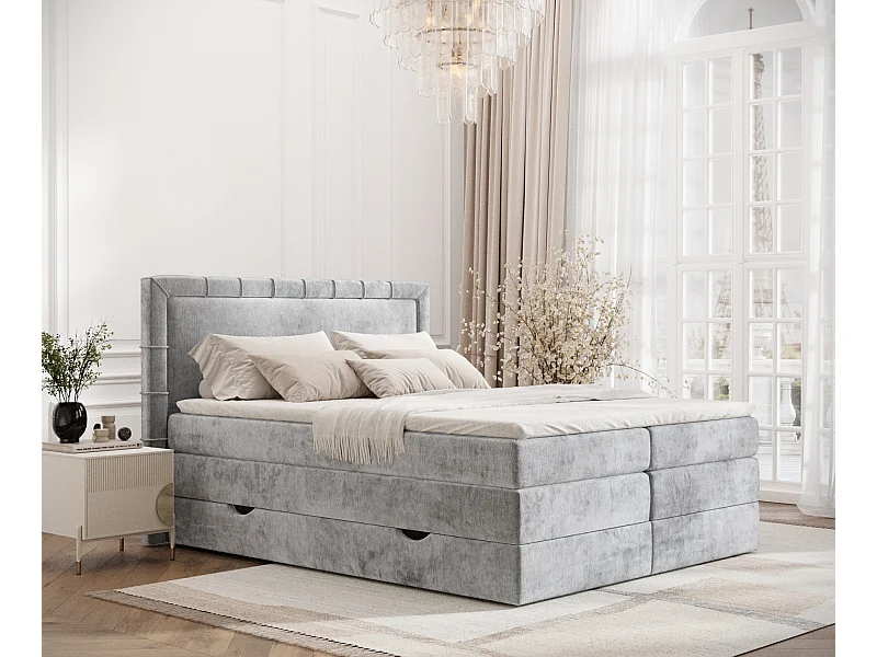 Boxspringbett aus Chenille-Stoff Rosabel - Matratze - Toppermatratze - 200x200 cm - hellgrau