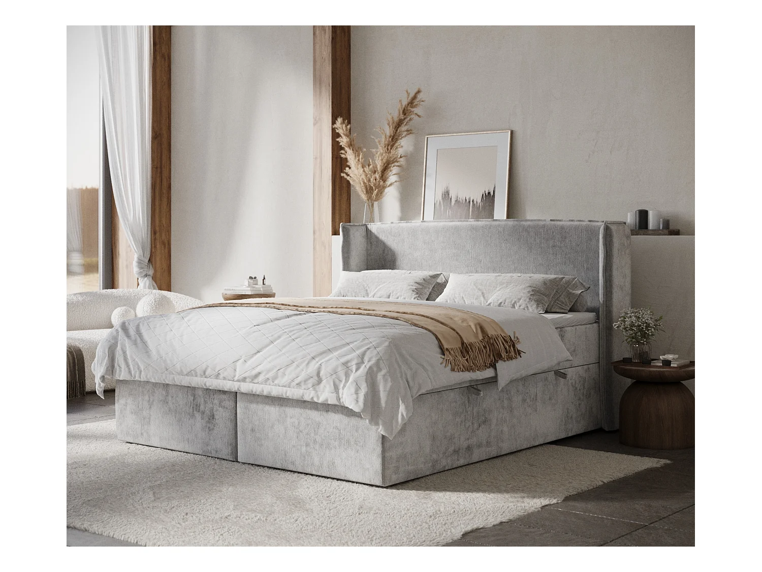Lit boxspring en tissu chenille Skyline - matelas - surmatelas - 200x200 cm - gris clair