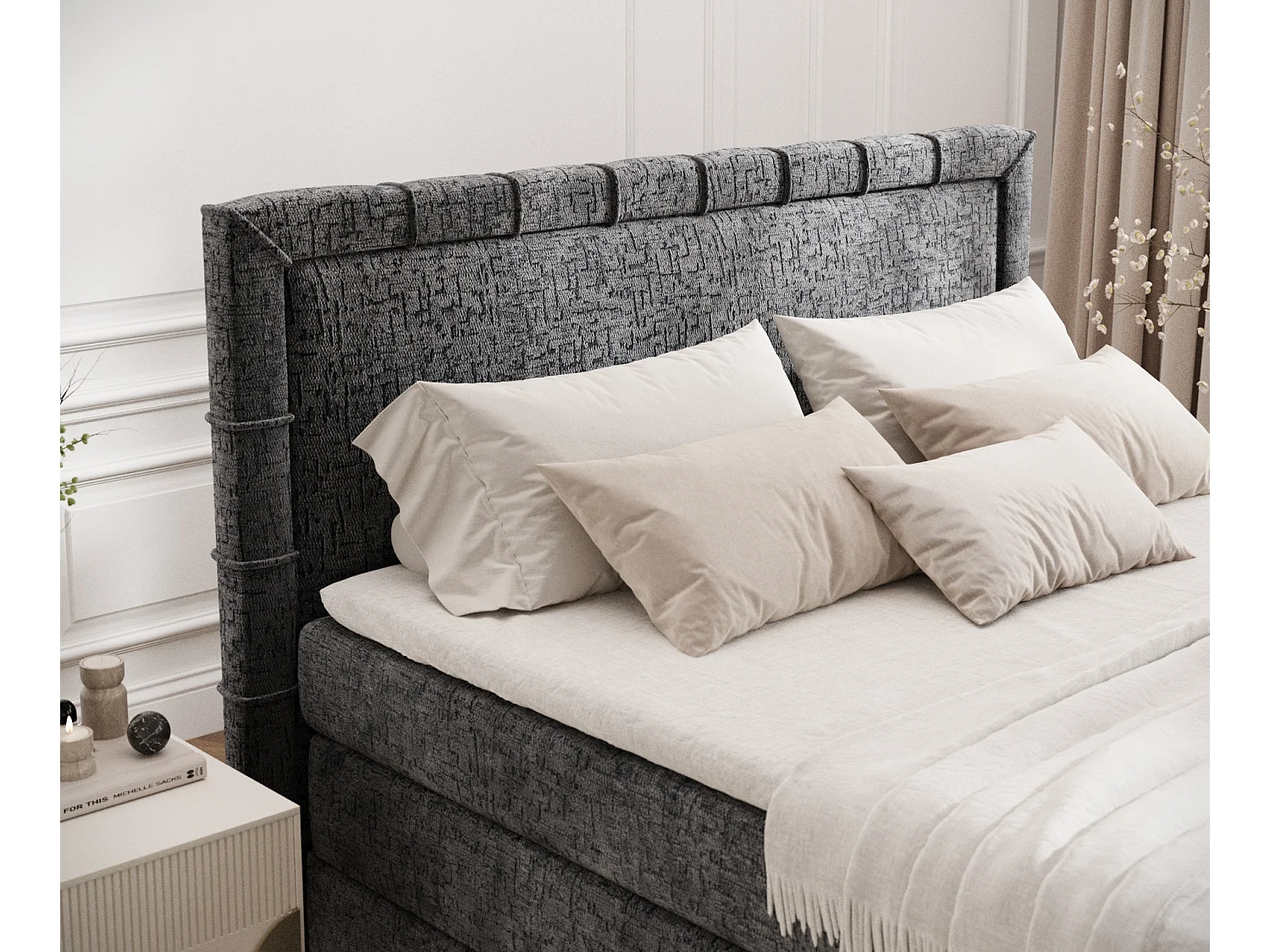 Lit boxspring en tissu chenille Estelle - matelas - surmatelas - 180x200 cm - anthracite