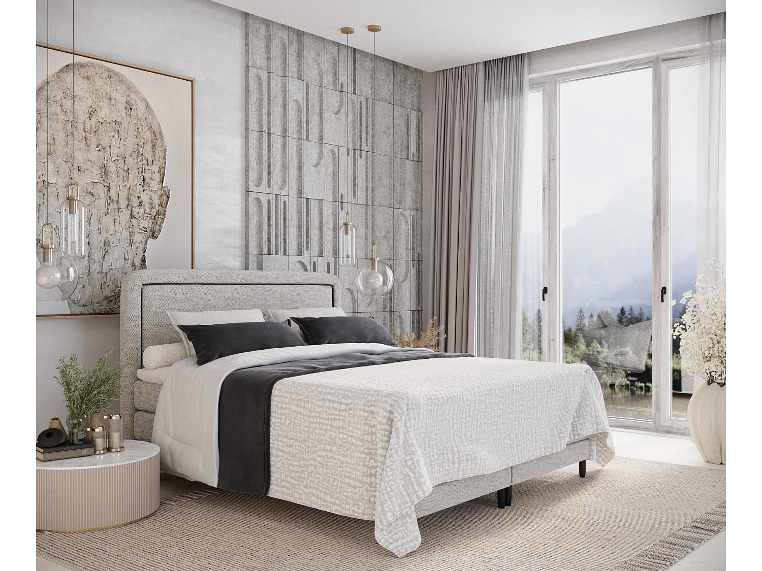 Łóżko boxspring w tkaninie plecionej Dove - materac - topper - 140x200 cm - jasnoszary