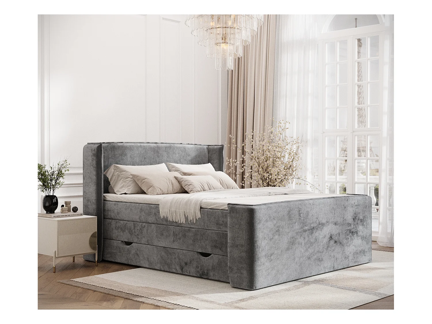 Lit boxspring en tissu chenille Freeland - matelas - surmatelas - 140x200 cm - gris