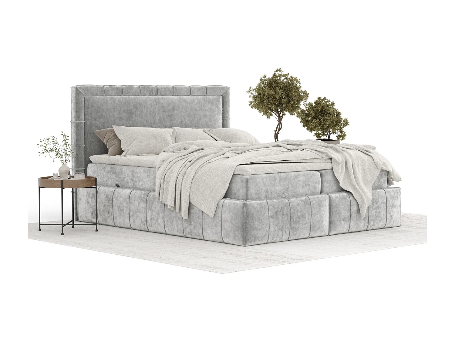 Boxspringbett aus Chenille-Stoff Sundown - Matratze - Toppermatratze - 180x200 cm - hellgrau