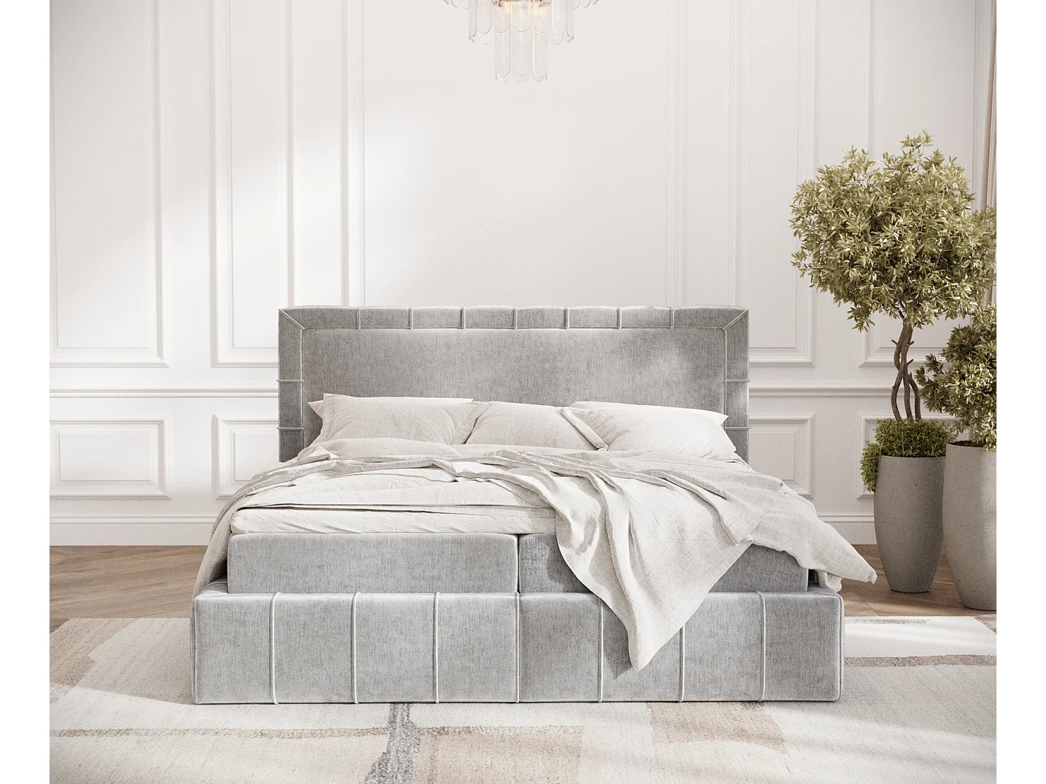 Boxspringbett aus Chenille-Stoff Sundown - Matratze - Toppermatratze - 180x200 cm - hellgrau