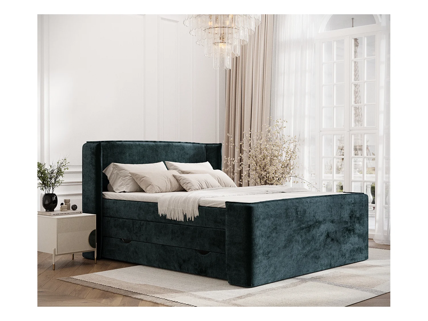 Lit boxspring en tissu chenille Freeland - matelas - surmatelas - 160x200 cm - couleur sarcelle