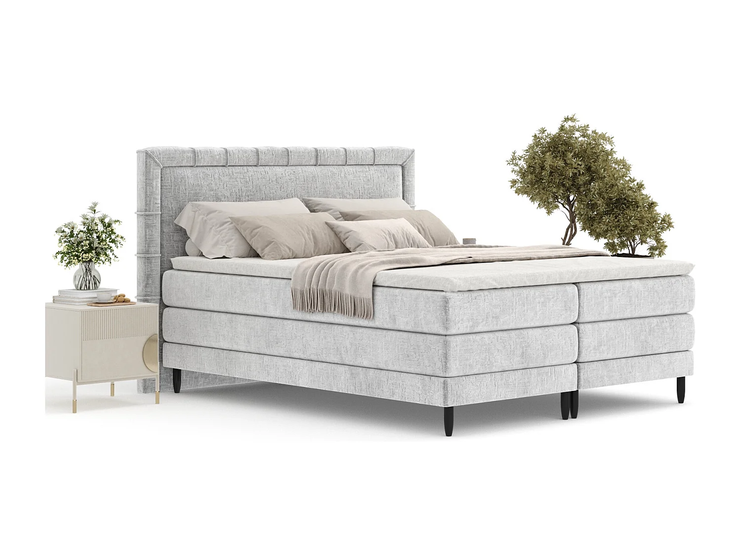 Boxspringbett aus Chenille-Stoff Rimini - materac - topper - 180x200 cm - hellgrau