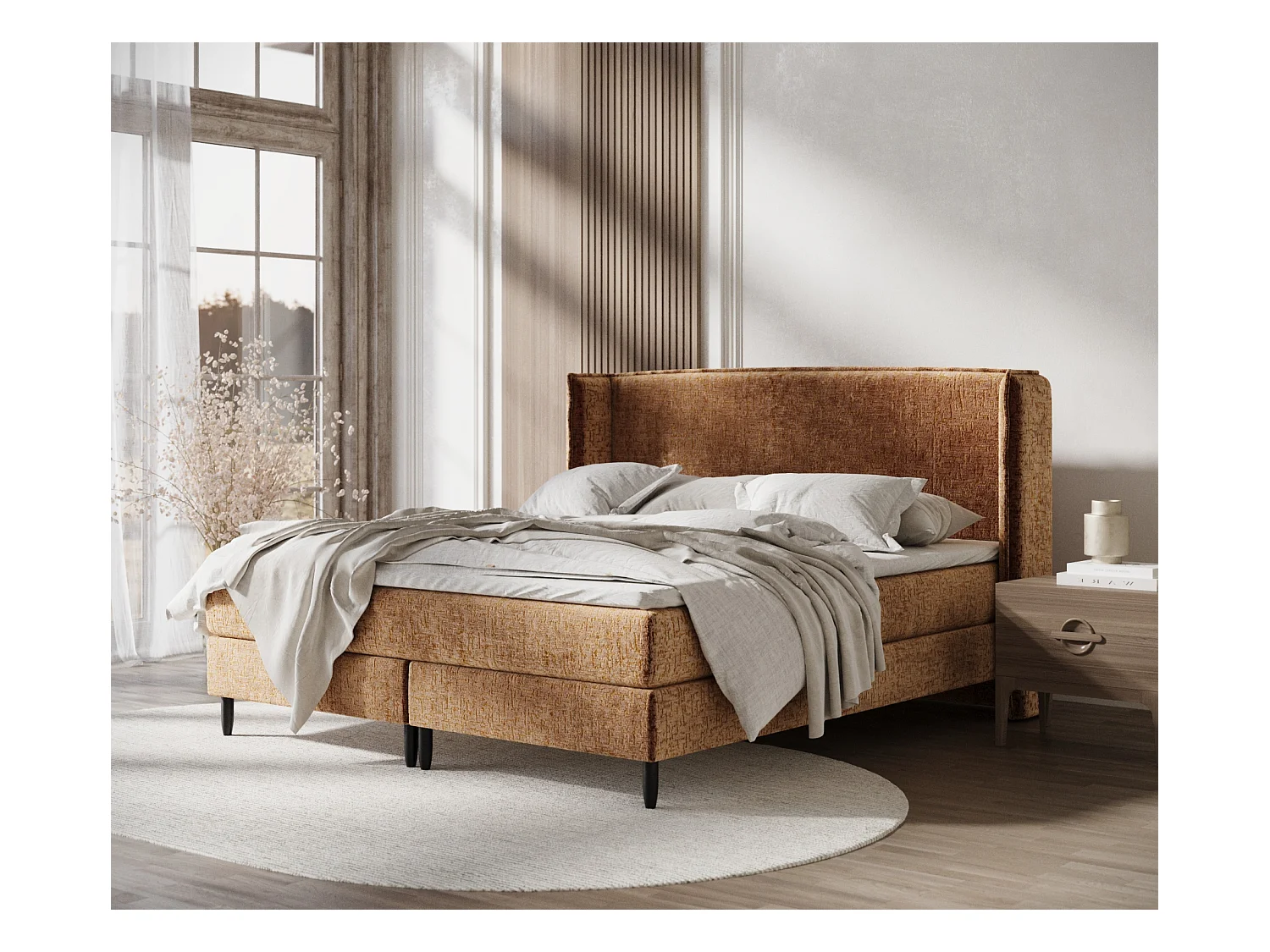 Lit boxspring en tissu chenille Ardis - matelas - surmatelas - 200x200 cm - couleur cuivre
