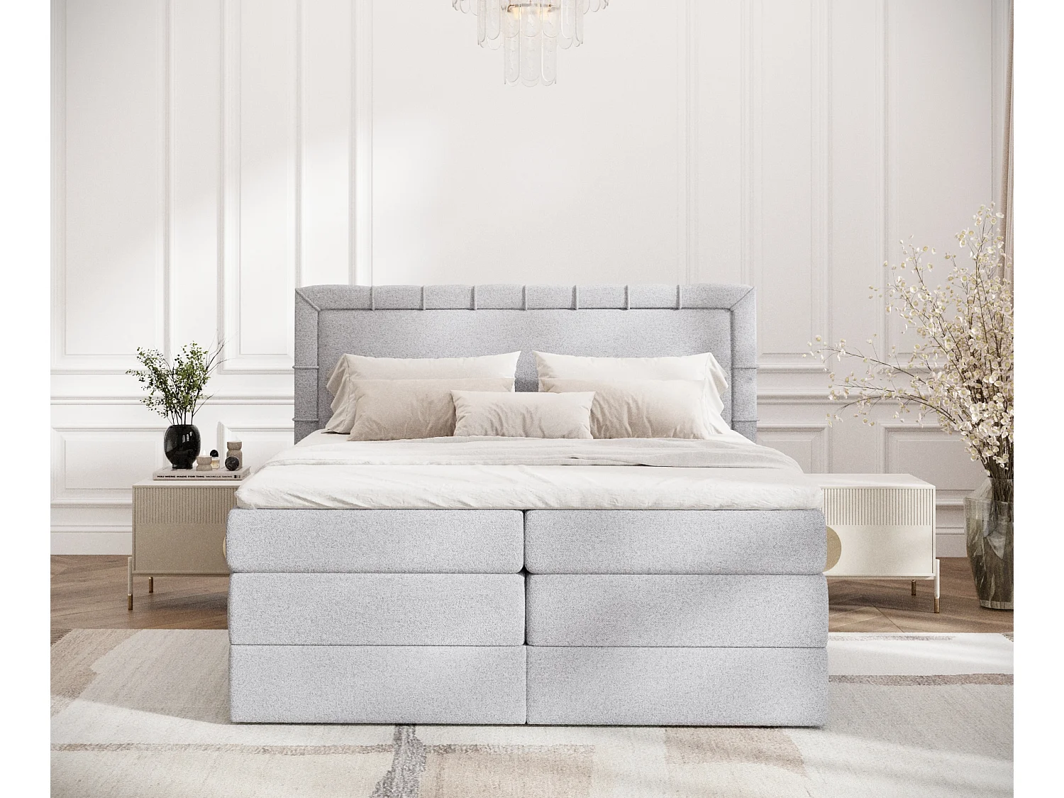 Boxspringbett aus Webstoff Rosabel - Matratze - Toppermatratze - 180x200 cm - hellgrau