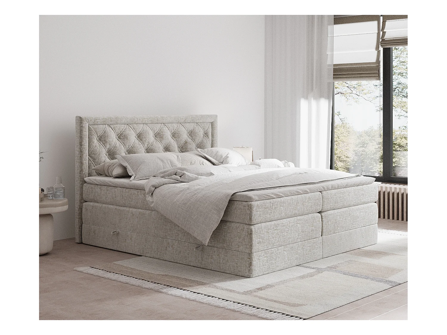 Lit boxspring en tissu chenille Aurelia - matelas - surmatelas - 180x200 cm - beige