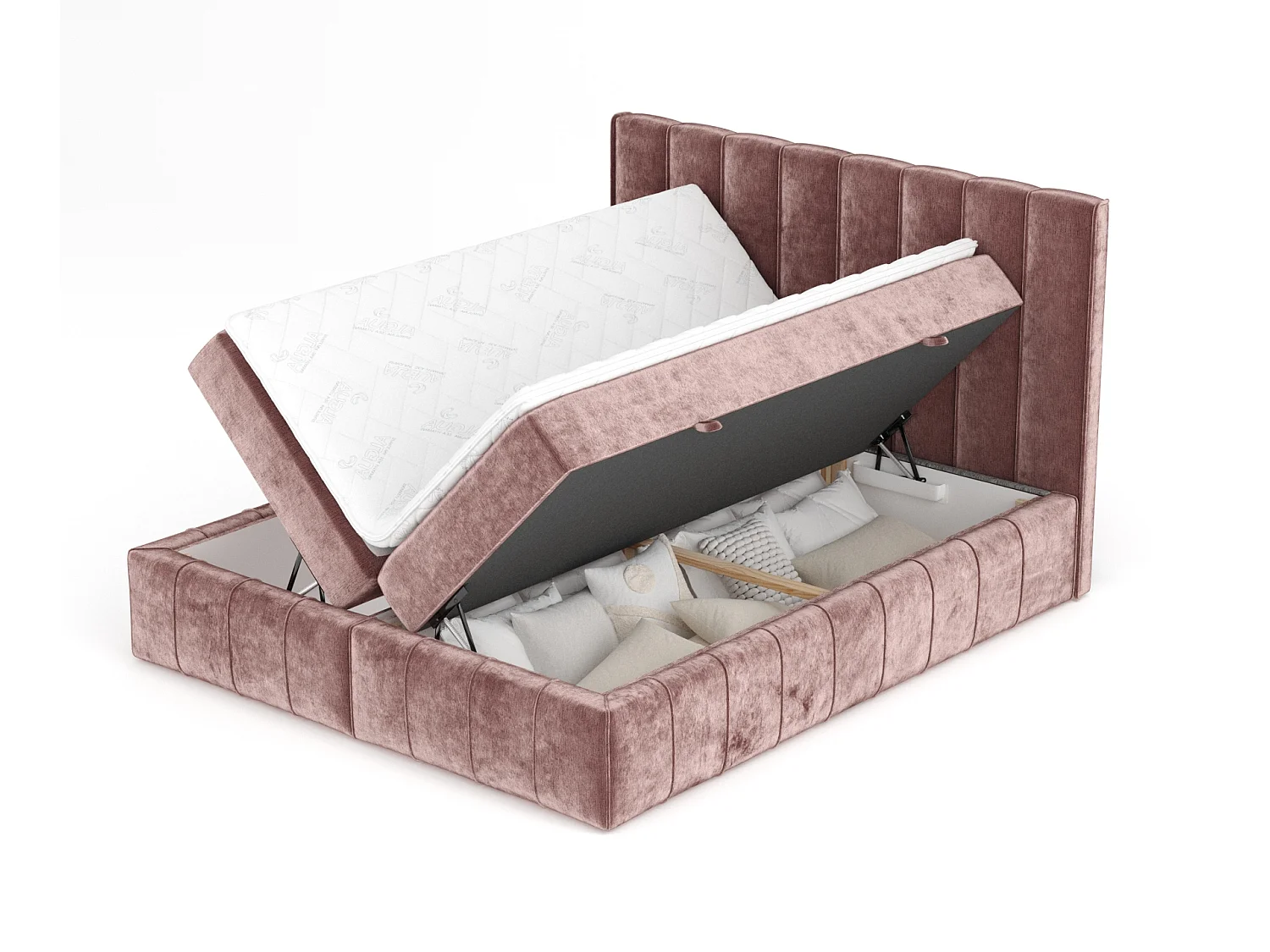 Boxspringbett aus Chenille-Stoff Moretti - Matratze - Toppermatratze - 140x200 cm - rosa