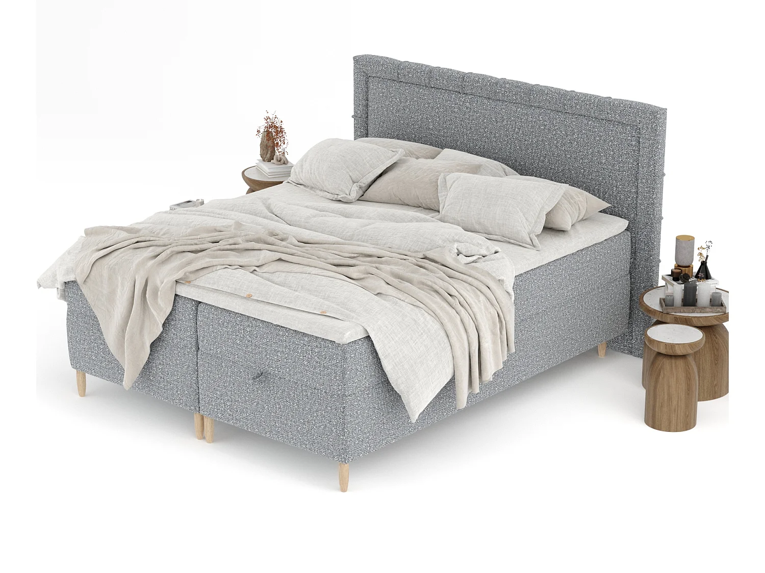 Boxspringbett aus Boucle-Stoff Voyage - Matratze - Toppermatratze - 200x200 cm - grau