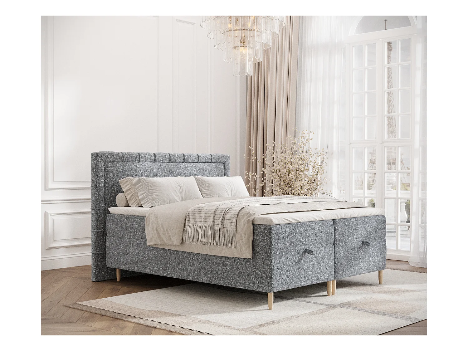 Lit boxspring en tissu bouclette Voyage - matelas - surmatelas - 200x200 cm - gris
