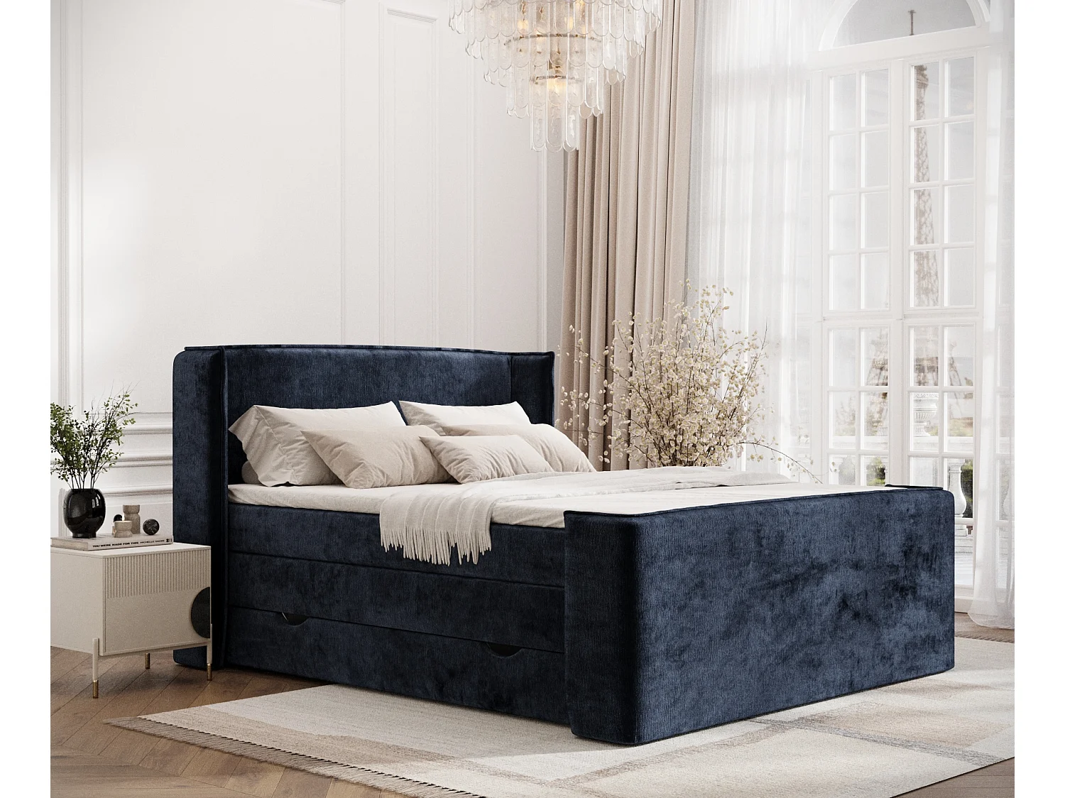 Lit boxspring en tissu chenille Freeland - matelas - surmatelas - 200x200 cm - bleu marine