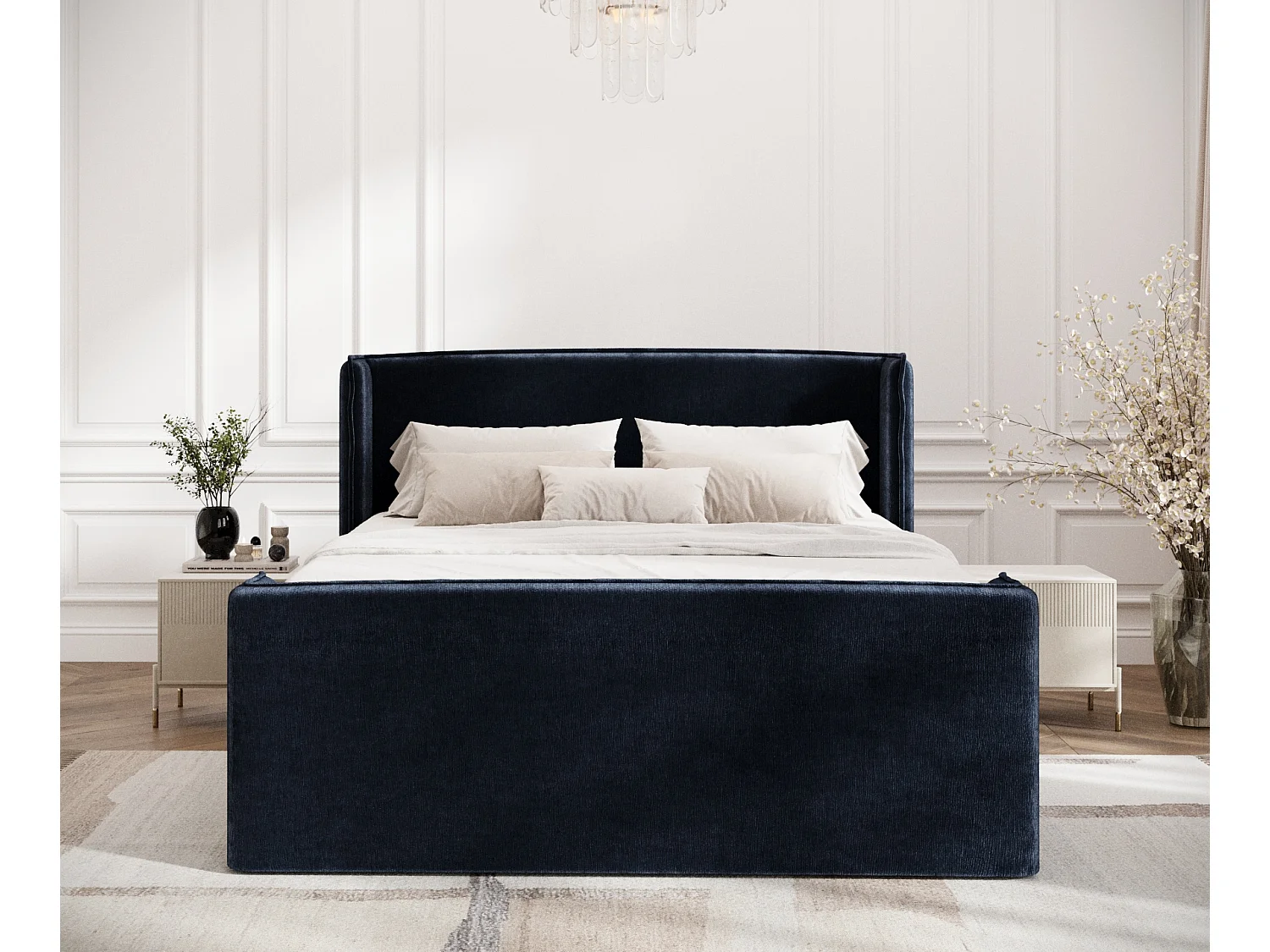 Lit boxspring en tissu chenille Freeland - matelas - surmatelas - 200x200 cm - bleu marine