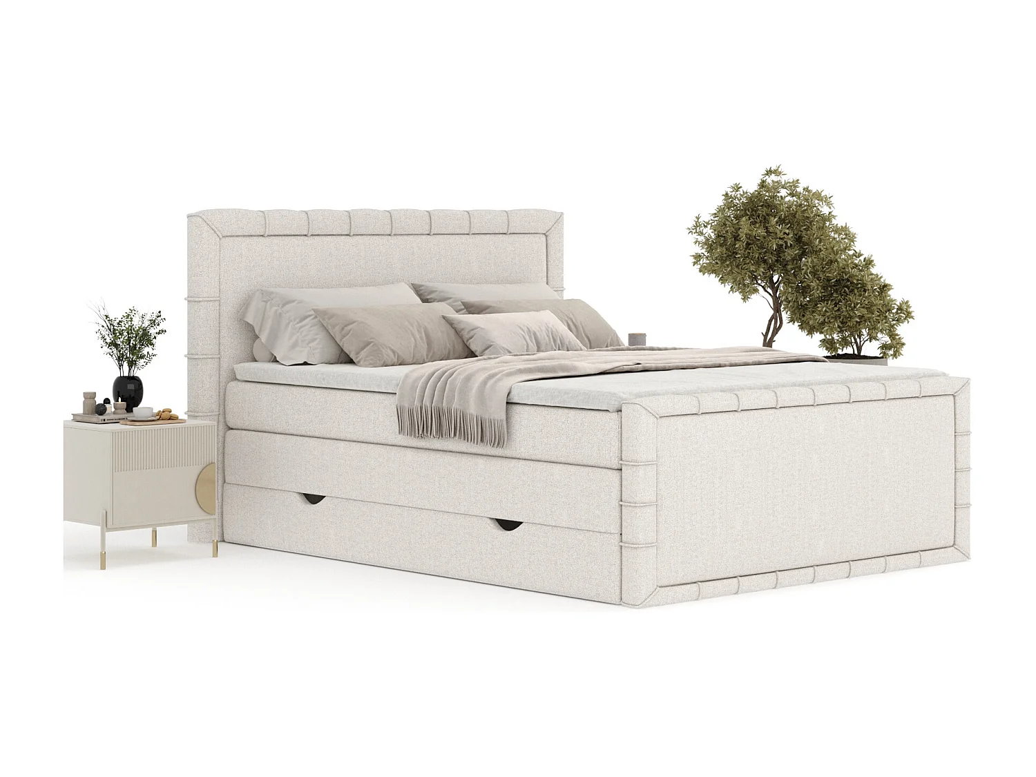 Lit boxspring en toile tissée Estelle - matelas - surmatelas - 200x200 cm - beige