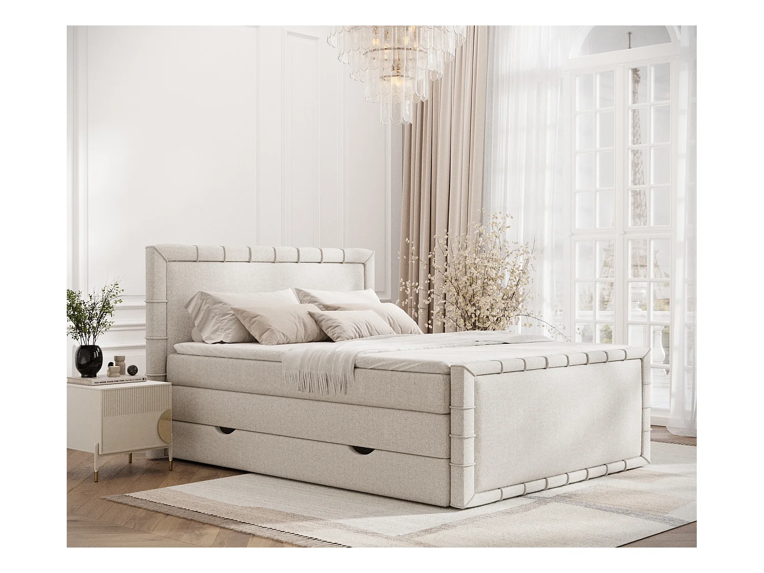 Lit boxspring en toile tissée Estelle - matelas - surmatelas - 200x200 cm - beige