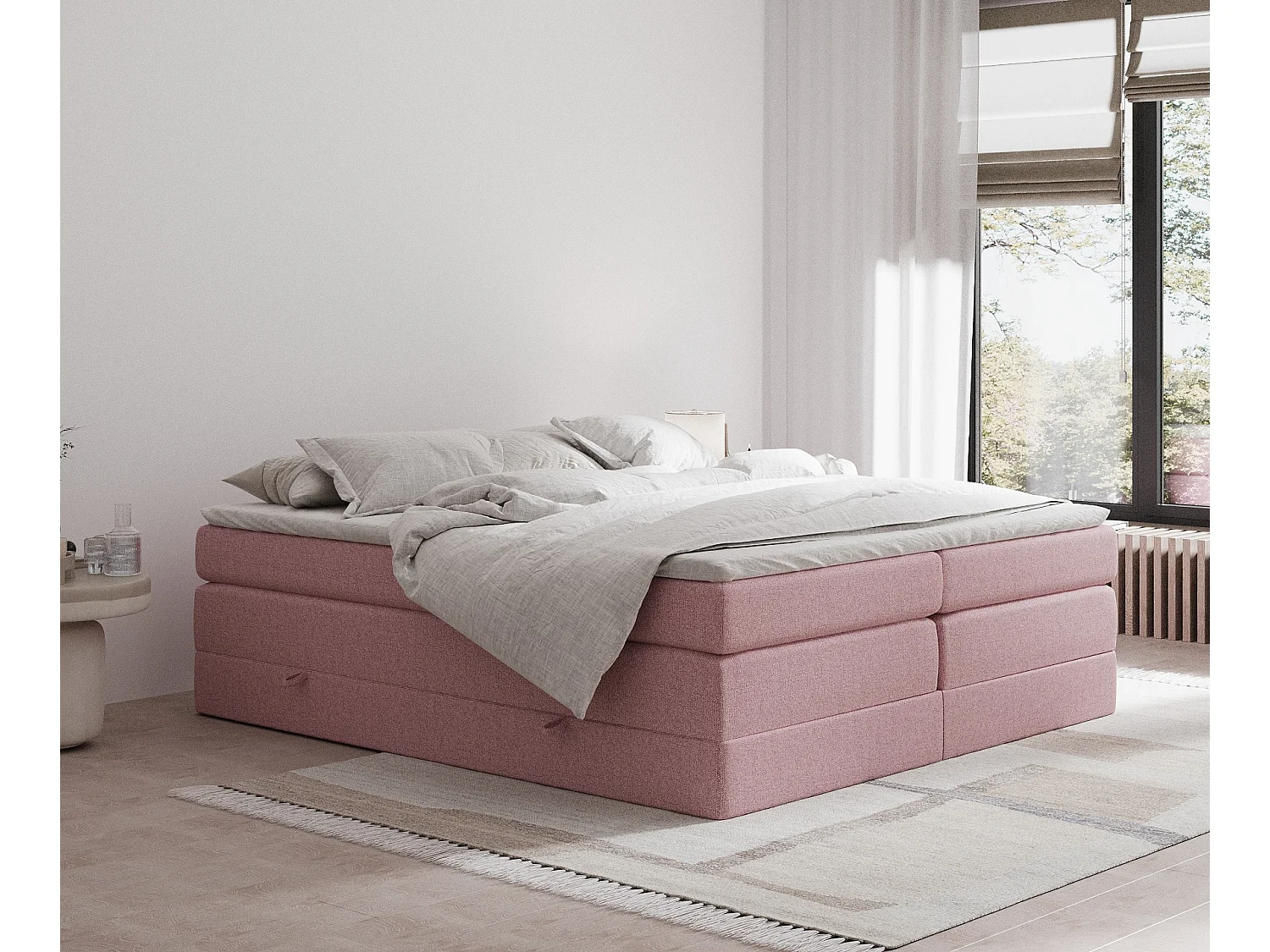 Lit boxspring en toile tissée Juniper - matelas - surmatelas - 200x200 cm - rose