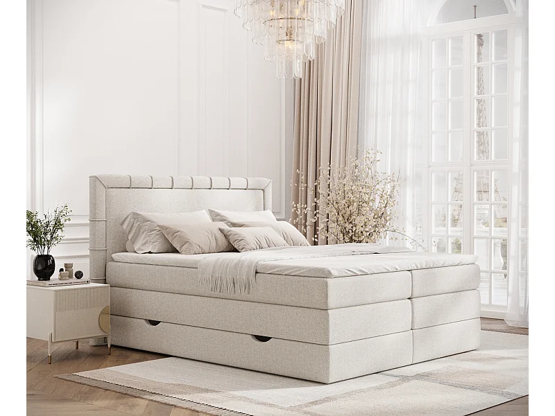 Boxspringbett aus Webstoff Rosabel - Matratze - Toppermatratze - 140x200 cm - beige