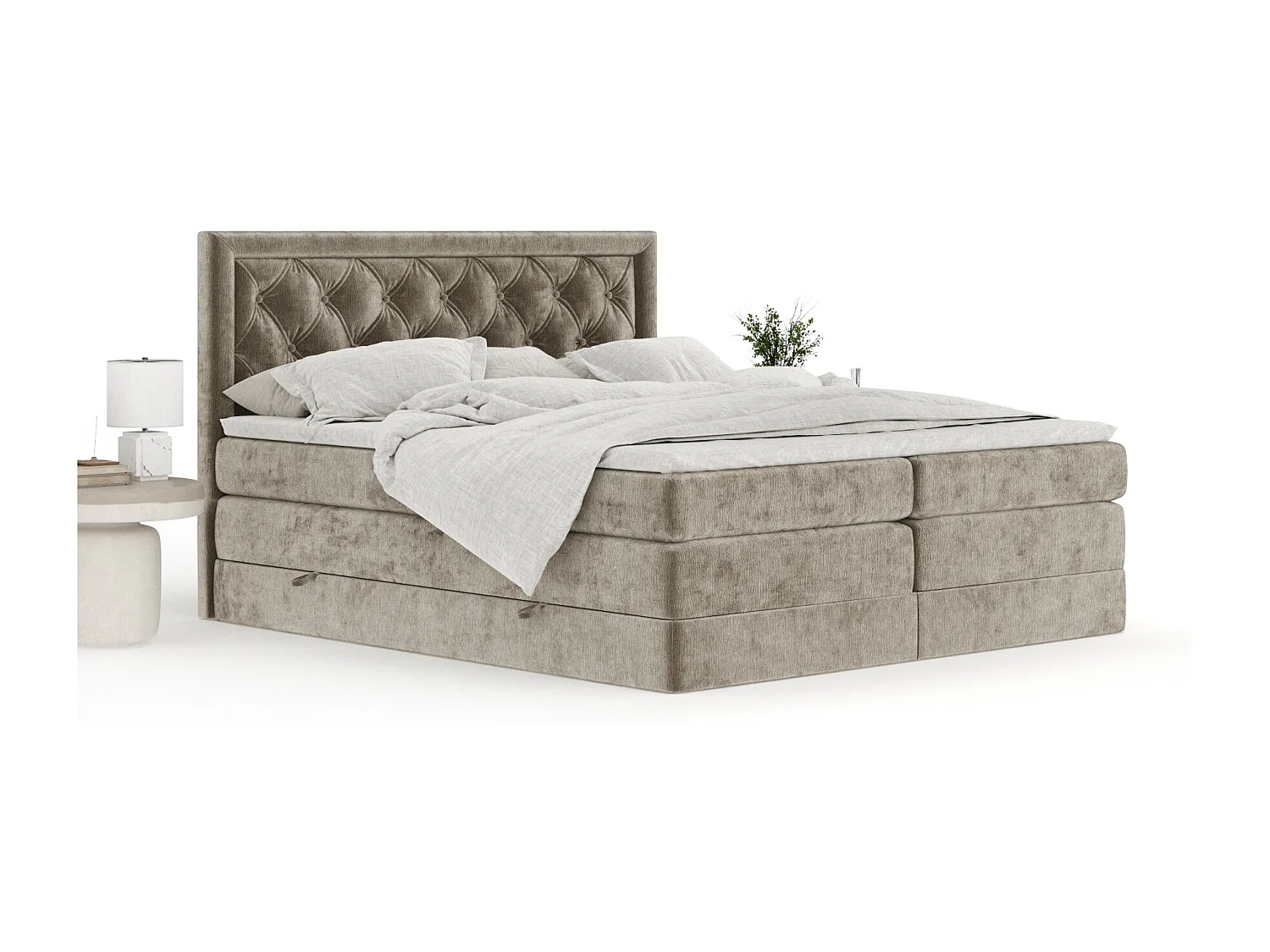 Boxspringbett aus Chenille-Stoff Aurelia - Matratze - Toppermatratze - 160x200 cm - beige