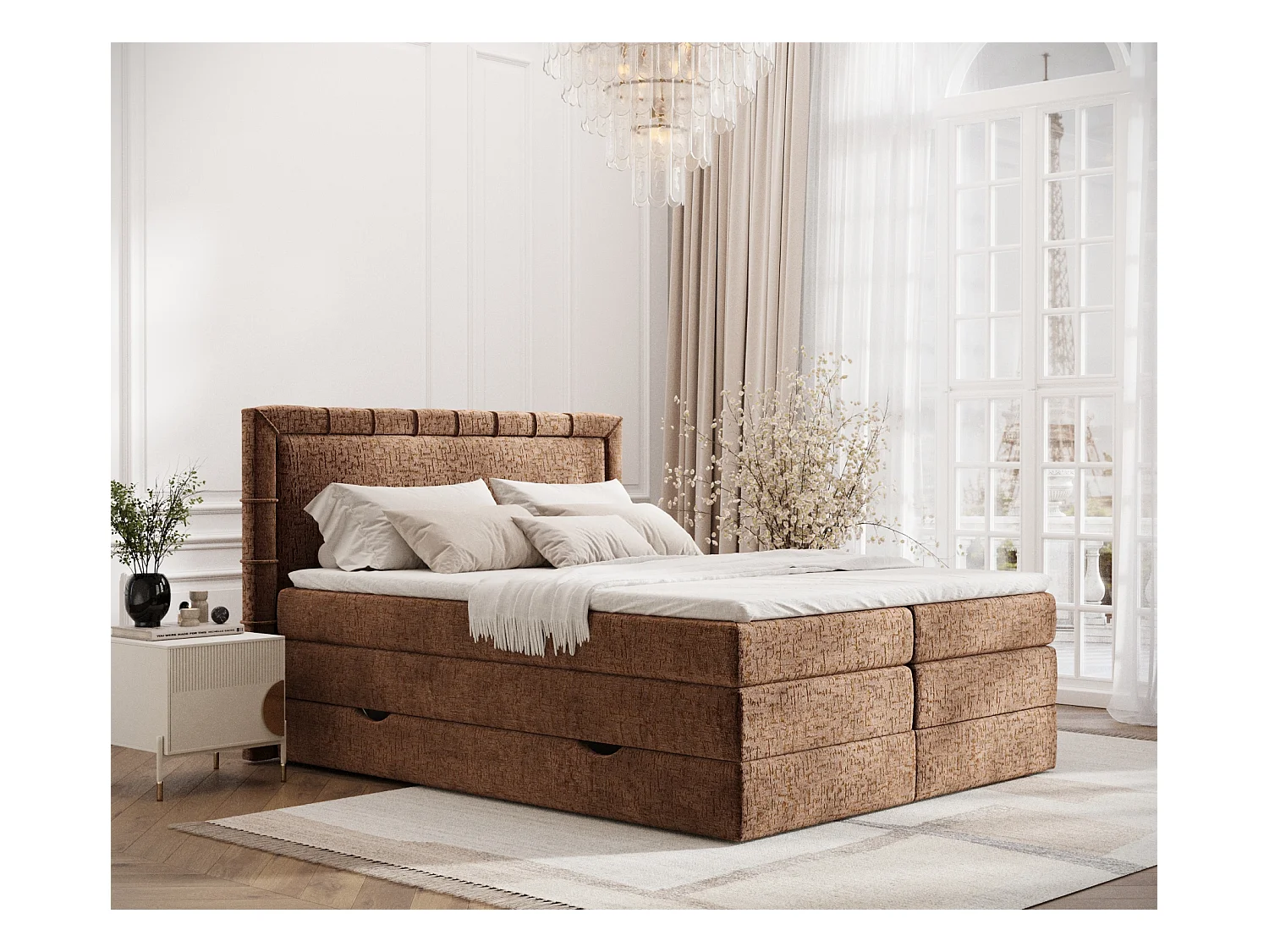Lit boxspring en tissu chenille Rosabel - matelas - surmatelas - 160x200 cm - couleur cuivre
