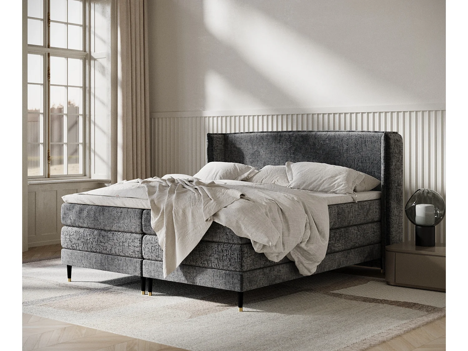 Boxspringbett aus Chenille-Stoff Carizzo - Matratze - Toppermatratze - 200x200 cm - anthrazit